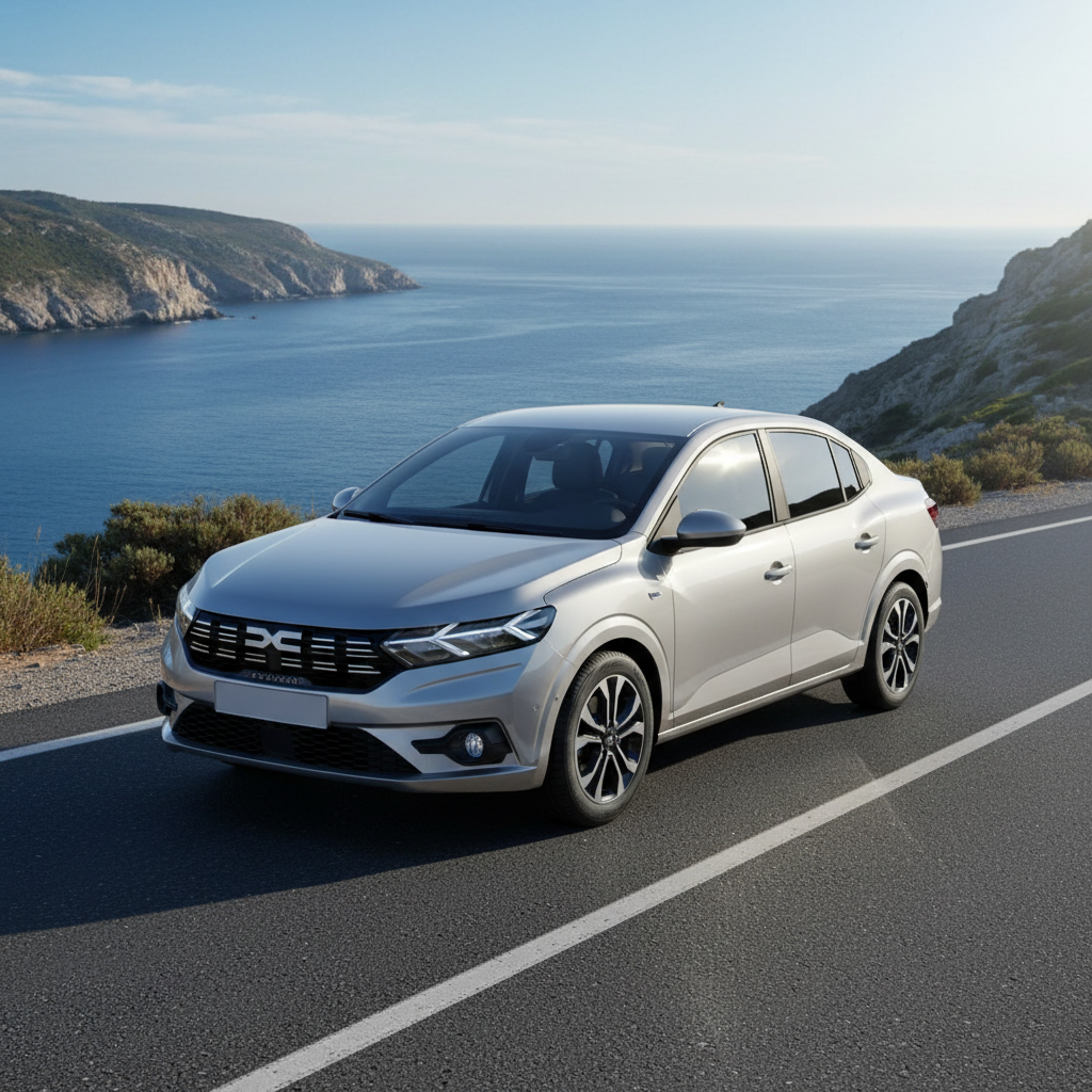 2025 Dacia Logan sedan on scenic coastal highway with ocean view and clear blue sky